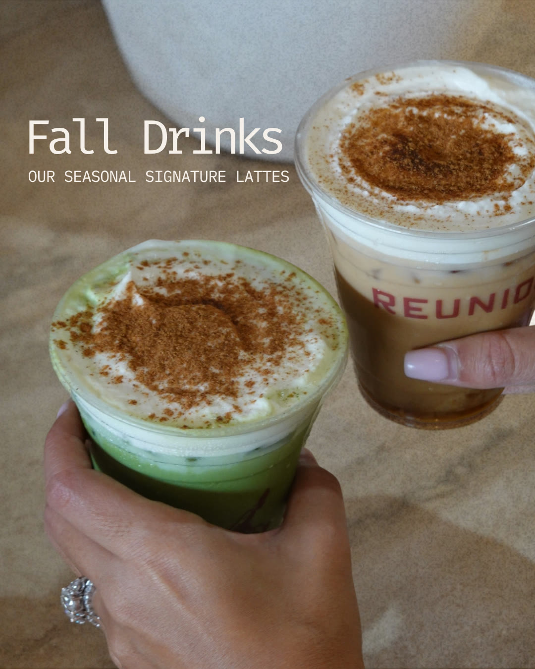 Fall Drinks title card: a pumpkin pie matcha and latte held together over a stone counter