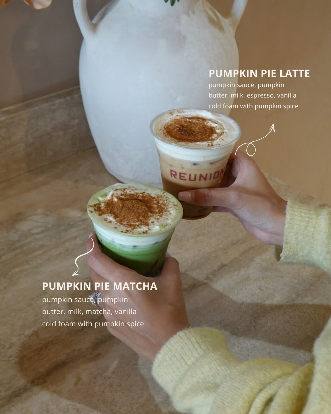 Product slide labeling the pumpkin pie latte and pumpkin pie matcha with their ingredients