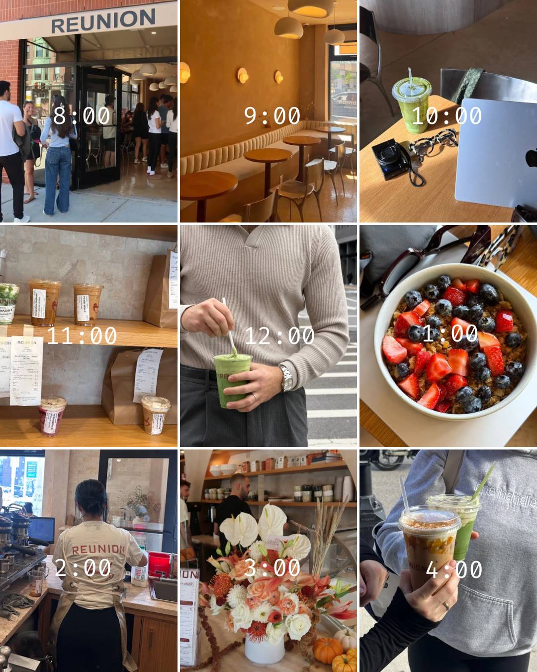 A day-in-the-life grid of nine Reunion Café photos, timestamped 8:00 through 4:00