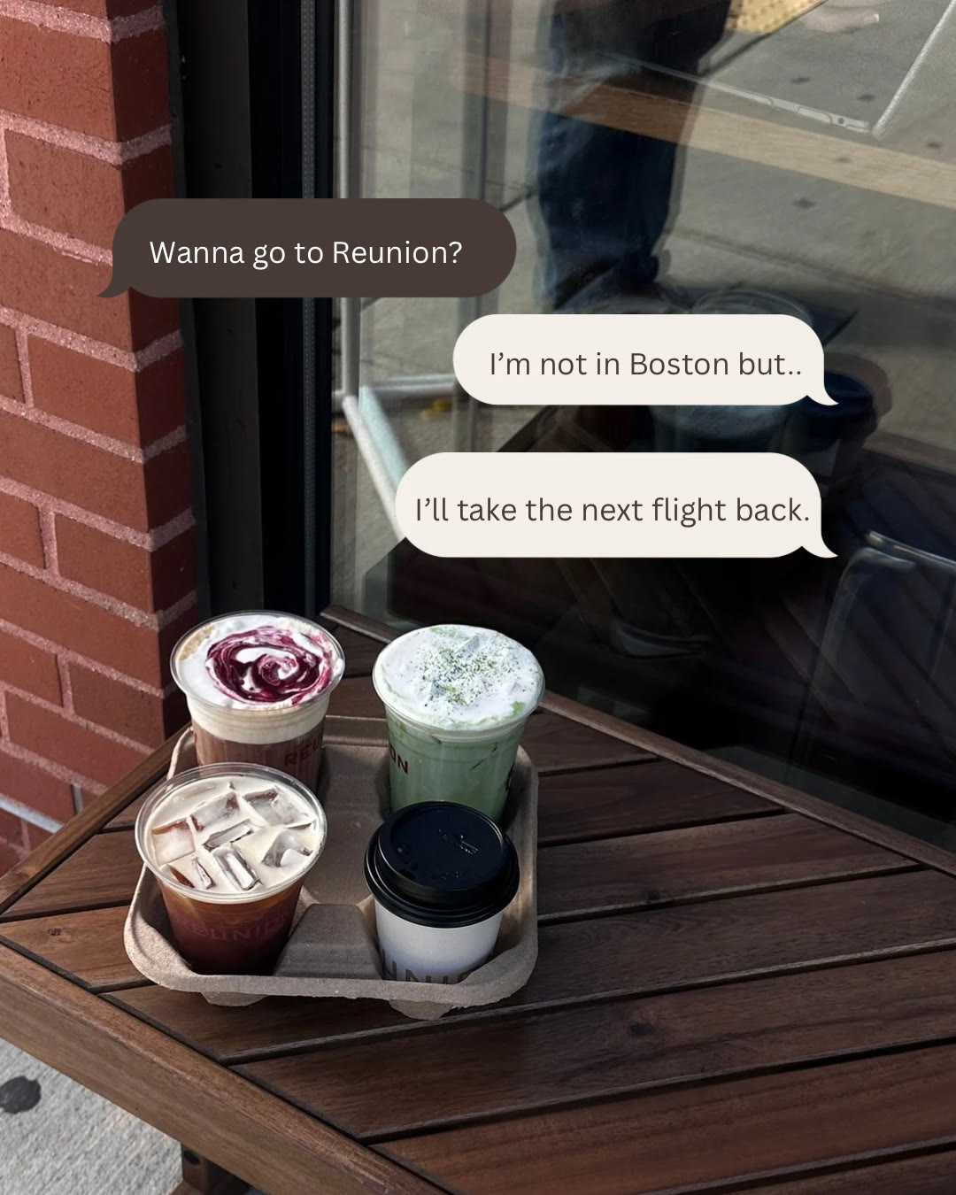 Four Reunion drinks on an outdoor table under text-message bubbles